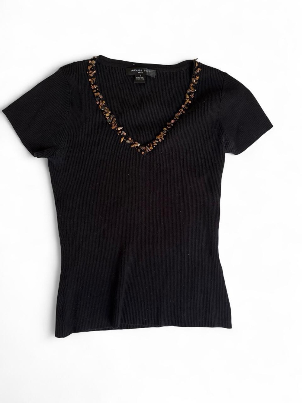 August Silk Black Ribbed Knit Top Brown Beaded Neckline Women’s Size S